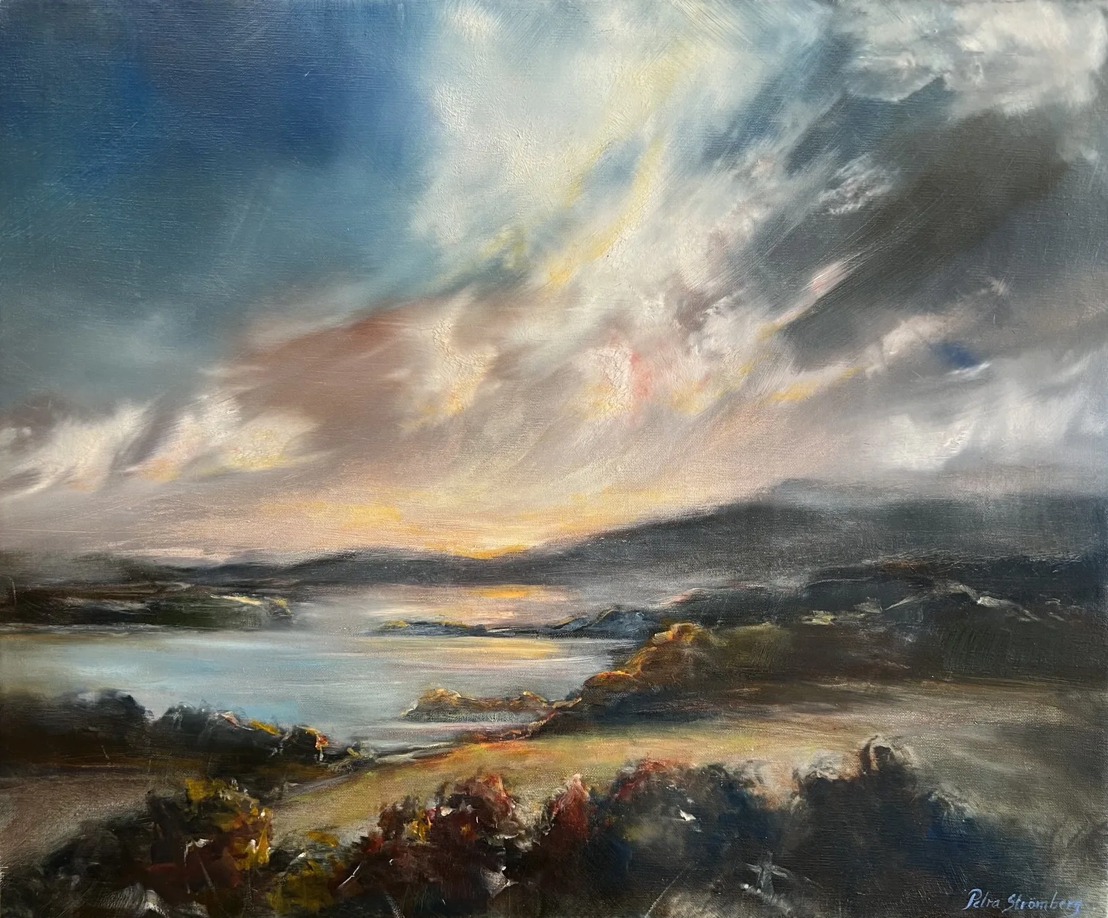 Oljemålning Solnedgång över sjön av Petra Strömberg