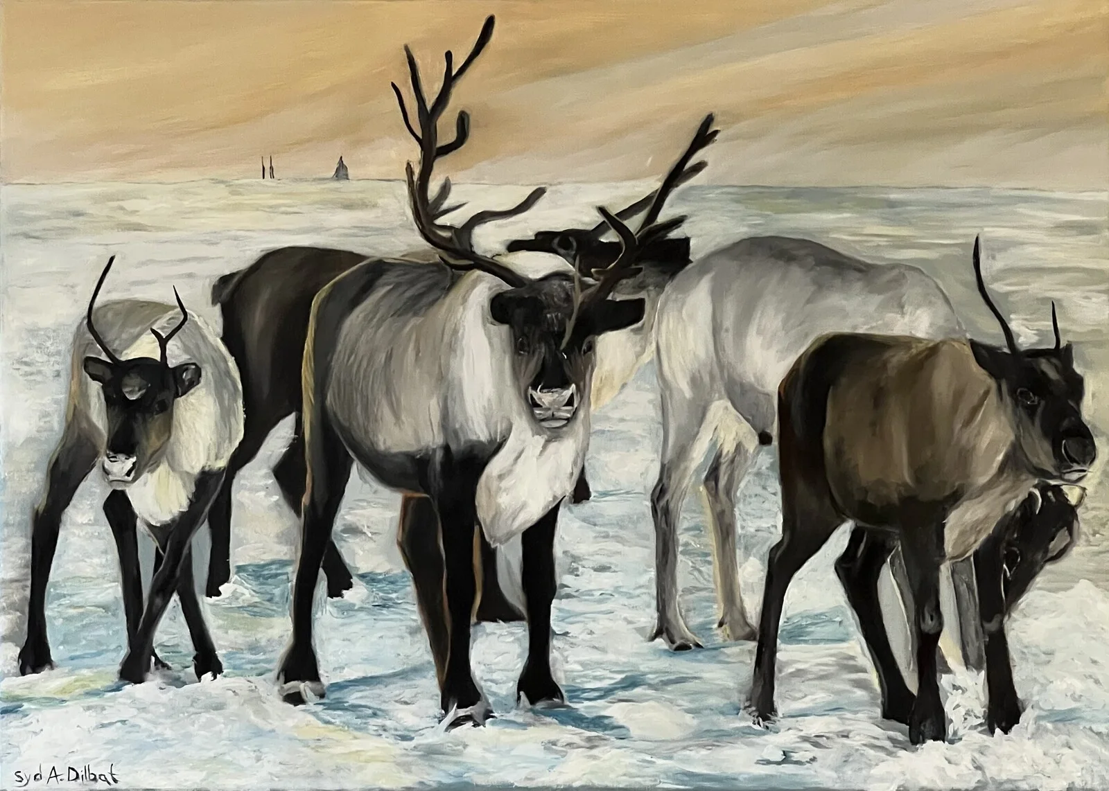 Oljemålning Flock av renar av Syd A. Dilbat
