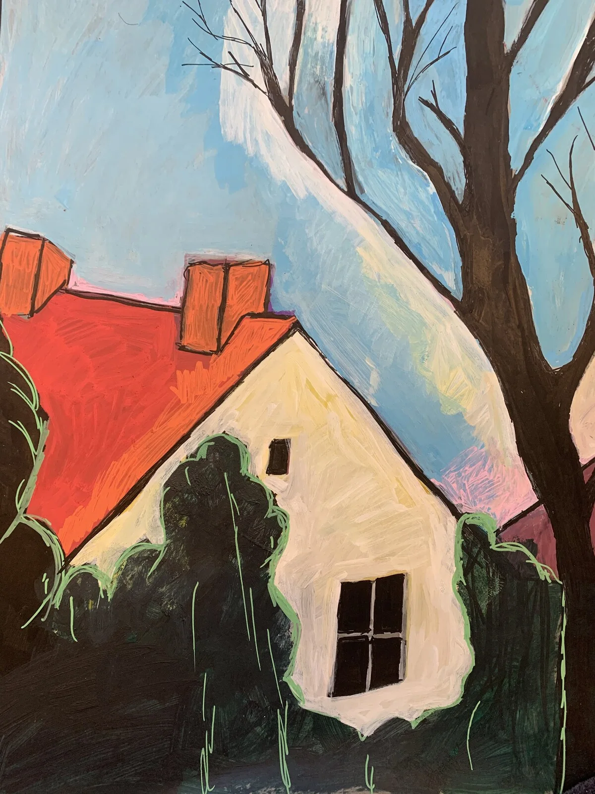 Akrylmålning Träd och hus av Sara Berlekom