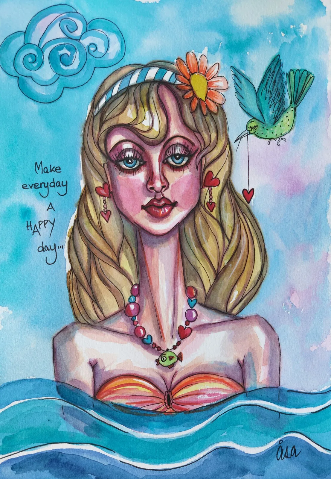 Akvarell Badglädje av Åsa Uhr