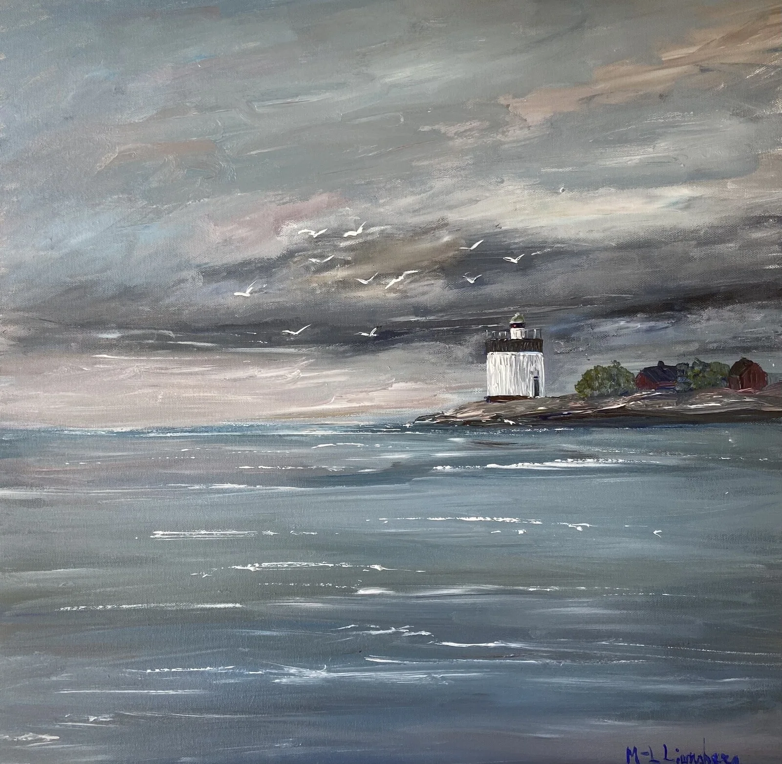 Akrylmålning Oväder över Svartklubbens Fyr av Marie-Louise Ljungberg