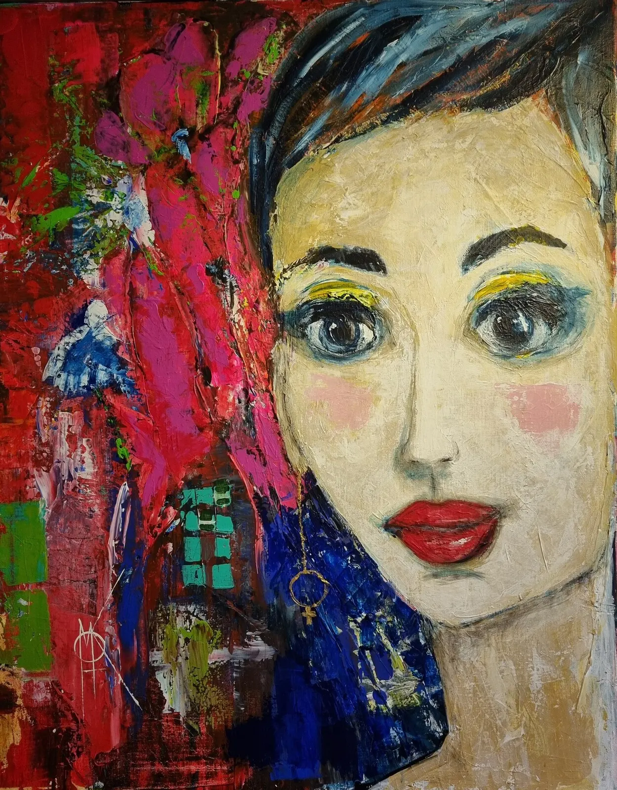 Akrylmålning Flicka med guldörhänge. av Majlis Karlsson