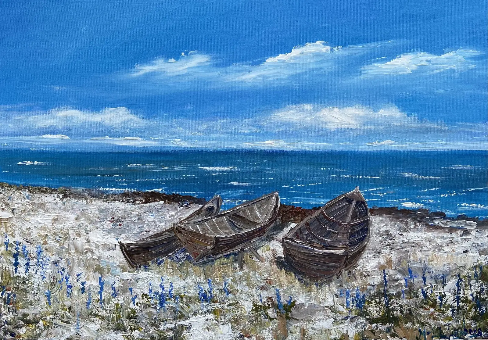 Akrylmålning Båtar vid Helgumannens fiskeläge av Marie-Louise Ljungberg