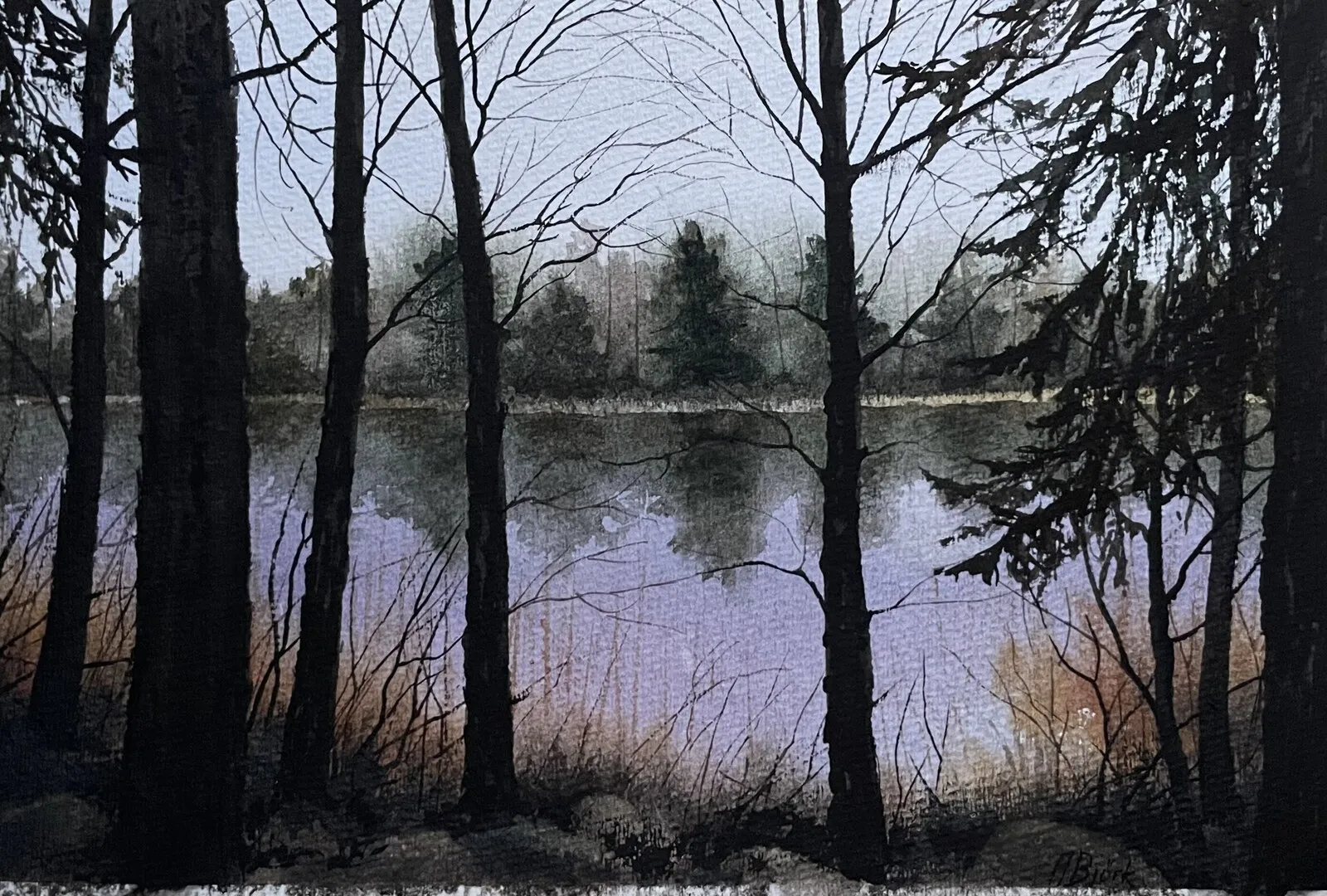 Akvarell Träden vid sjön av Anette Björk Swensson