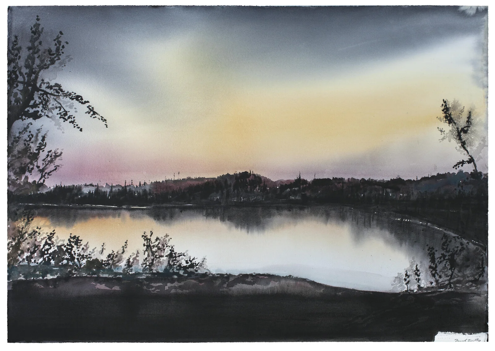 Akvarell Kvällssjö I av Daniel Zausnig