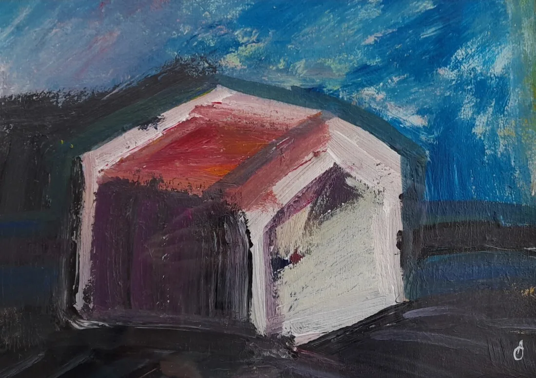 Akrylmålning SKYMNING ÖVER SJÖBODEN av Anette Classon