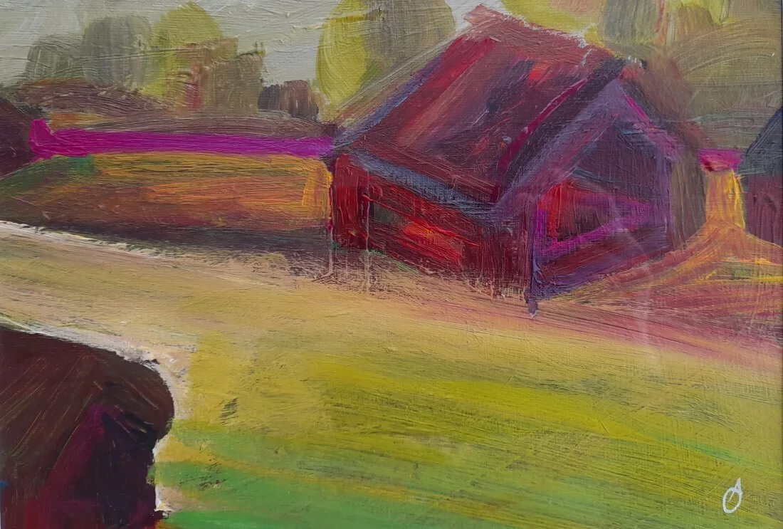 Akrylmålning SJÖBODAR I GRYNINGSLJUS av Anette Classon