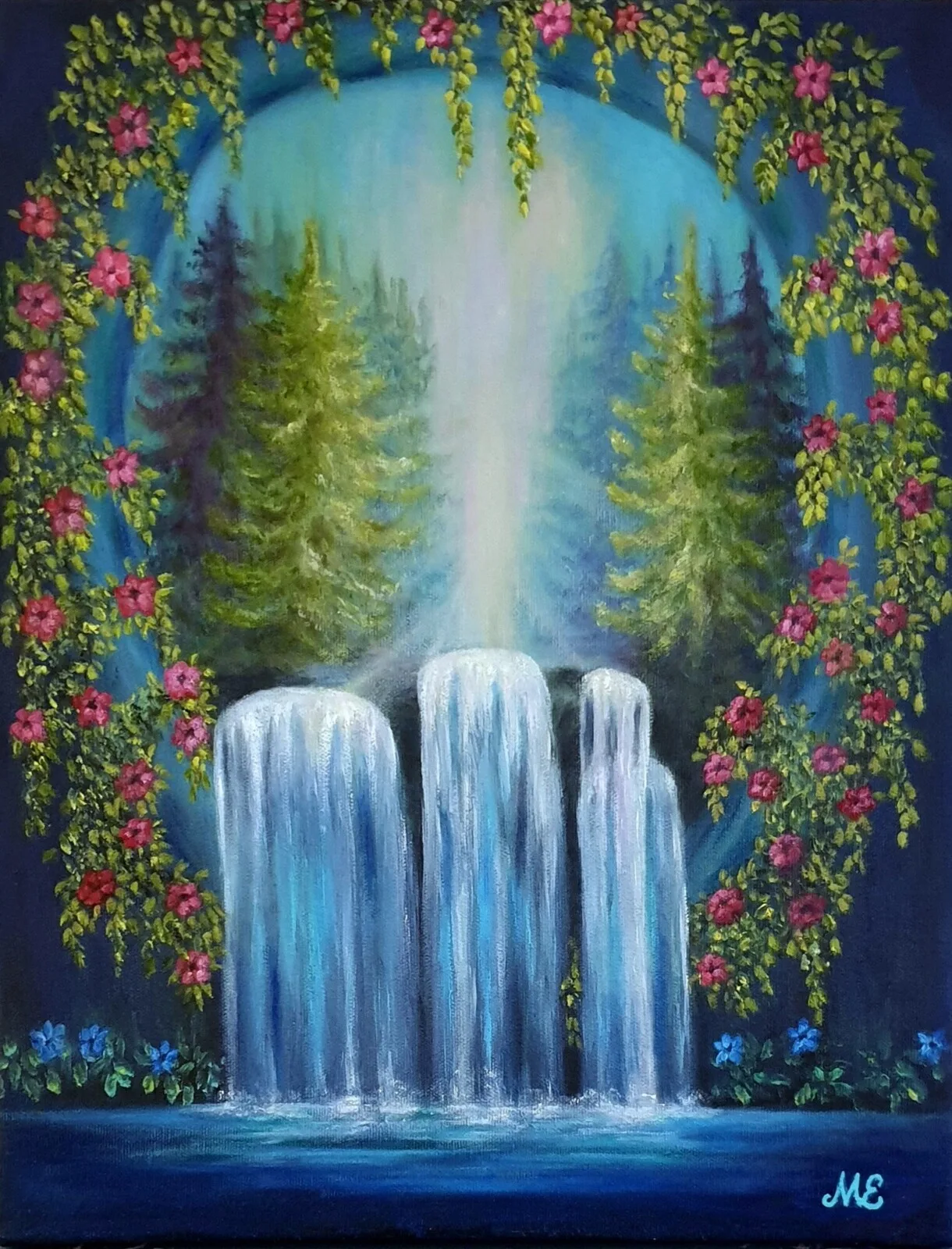 Oljemålning Forest waterfall av Malin Eklund