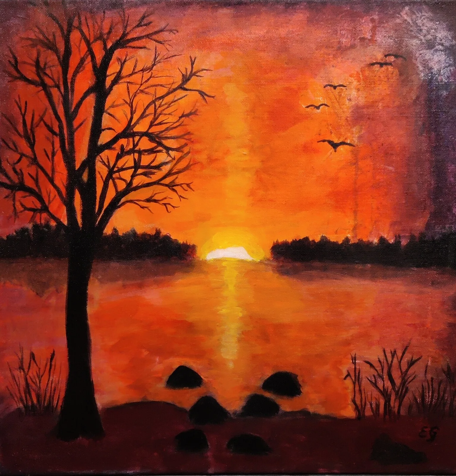 Akrylmålning Solnedgång vid sjön av Eva Garami