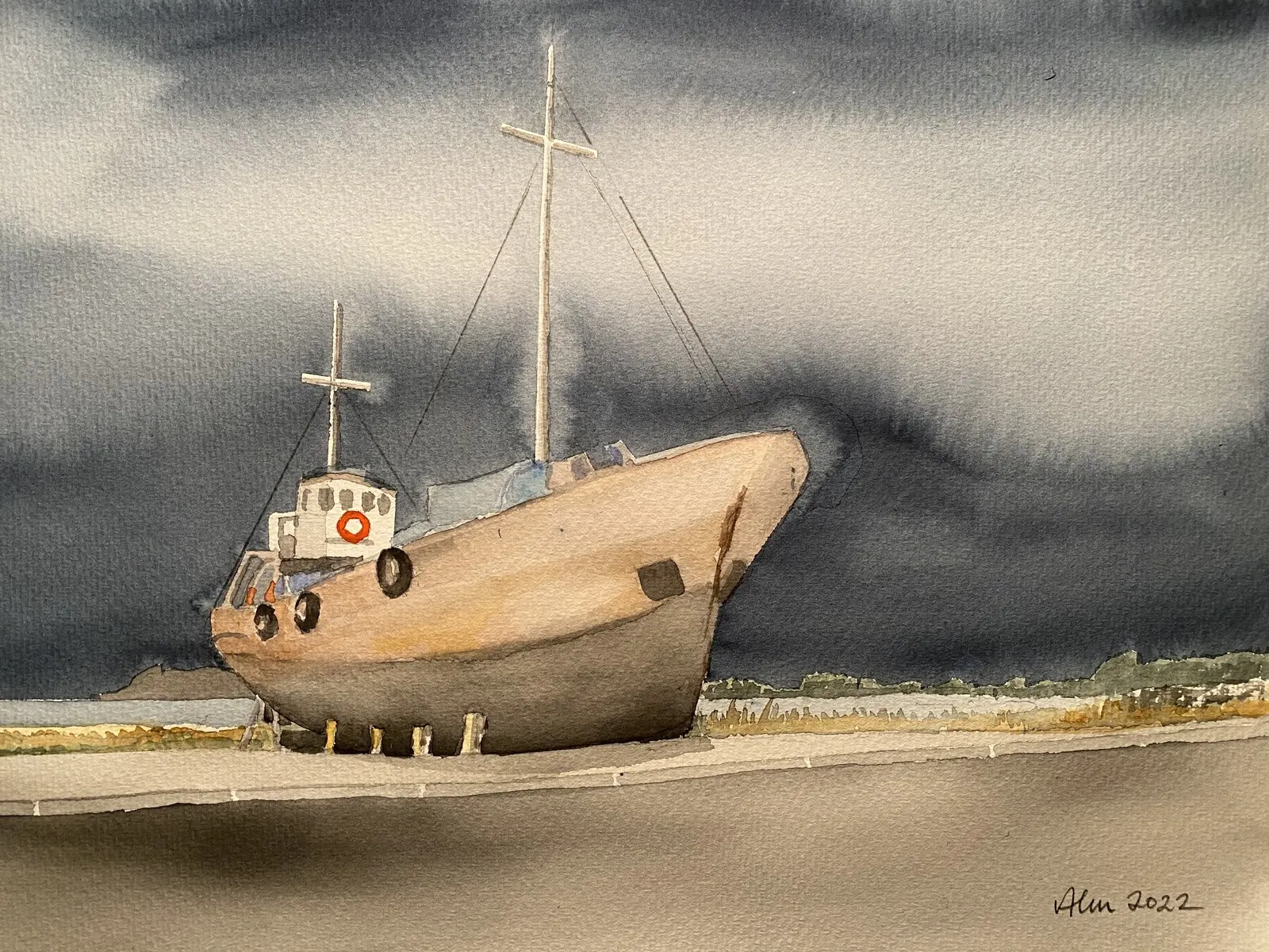 Akvarell Oväder över marinan av Göran von Ahn