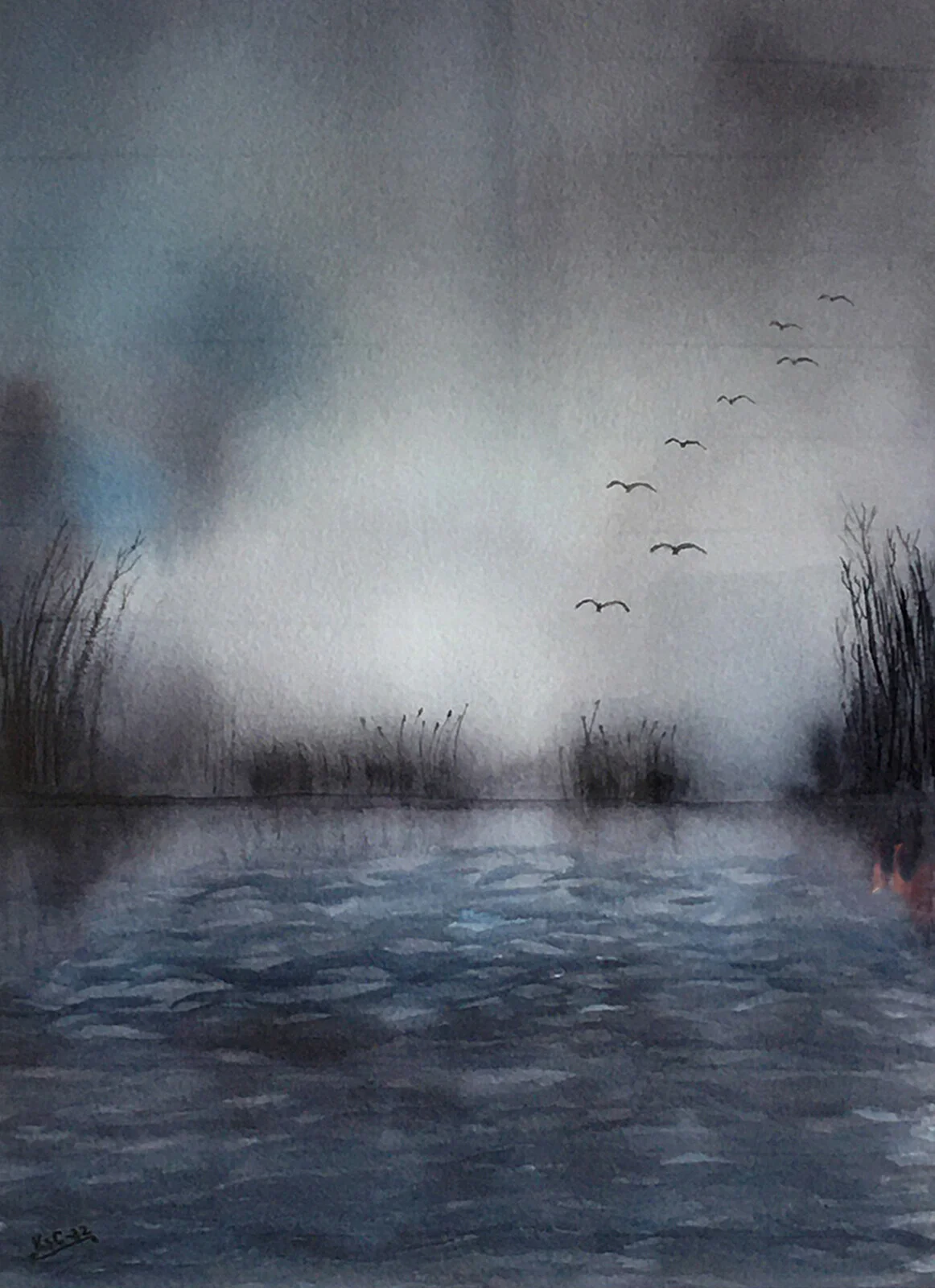 Akvarell Vatten med vass av Katarina Schoerner Carr