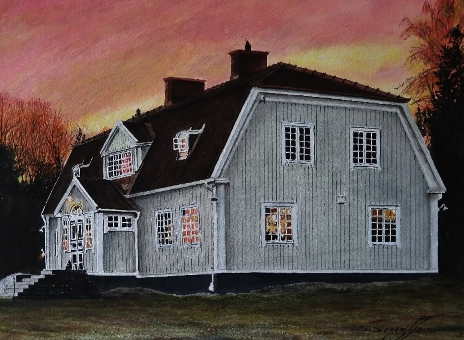 Akvarell Huset av Denzil Fernandes
