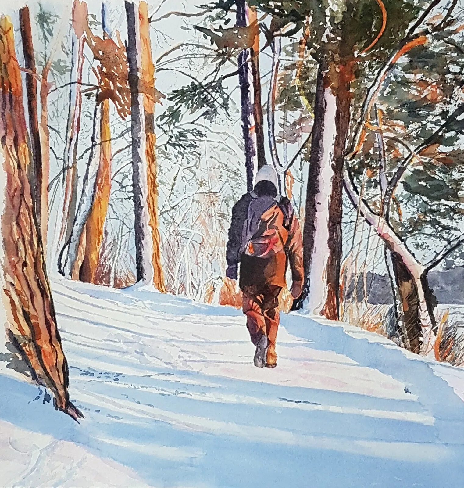 Akvarell Vinterpromenad av Marietta Larsen