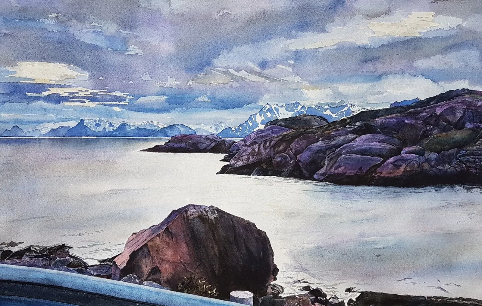 Akvarell Lofoten i maj (Henningsværveien) av Marietta Larsen