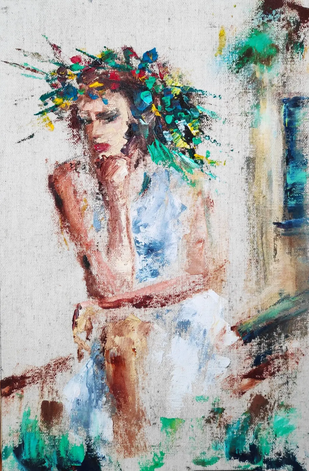 Oljemålning Girl in a Flower Wreath. En snabb skiss med oljefärger på en bit duk. av Igor Fominykh