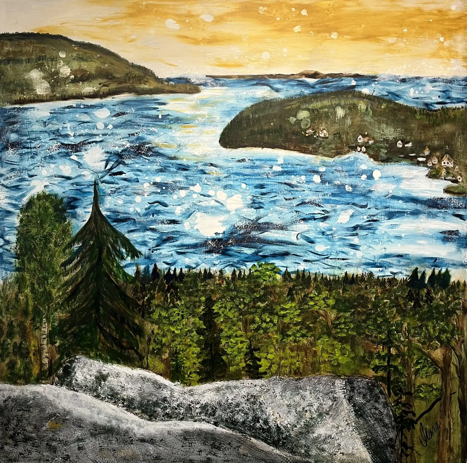 Akrylmålning Prästberget, finns även som print 30x30 för 390 kr av Mona Nordin