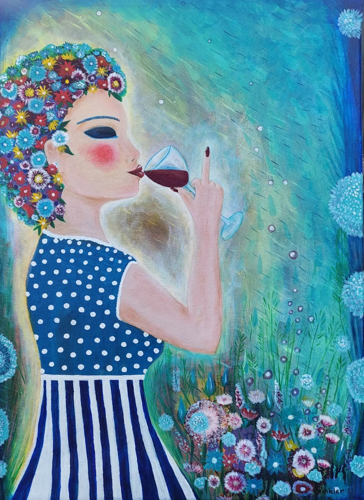 Akrylmålning A glass of wine in my garden av Jenny Winkler