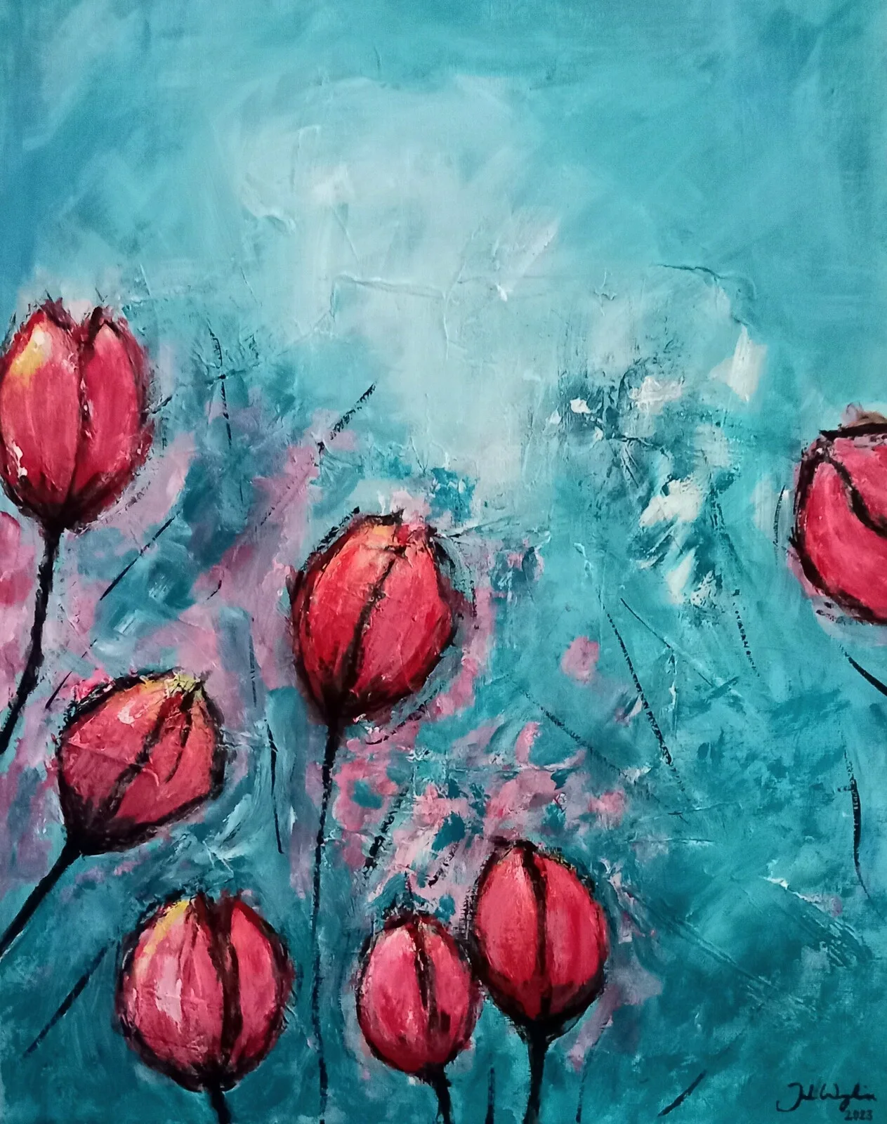 Akrylmålning Sju tulpaner av Julia Wangenheim