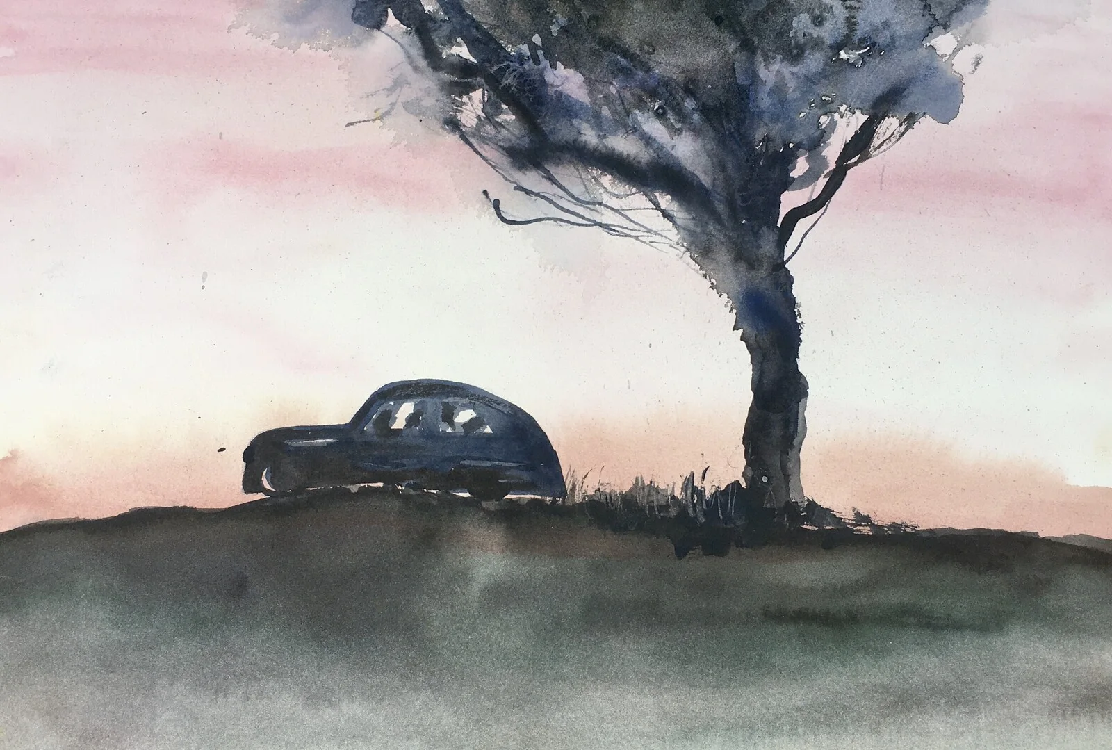 Akvarell Bilen vid trädet av Gunilla Tuvin