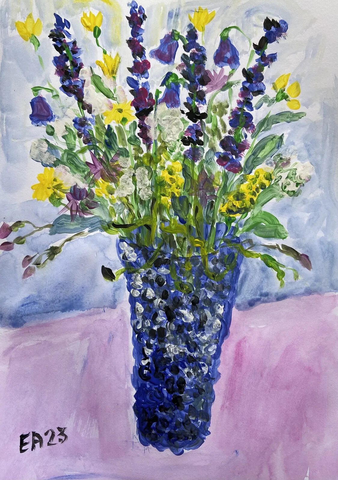 Akvarell Sommarblommor i blå vas av Erik Andersson