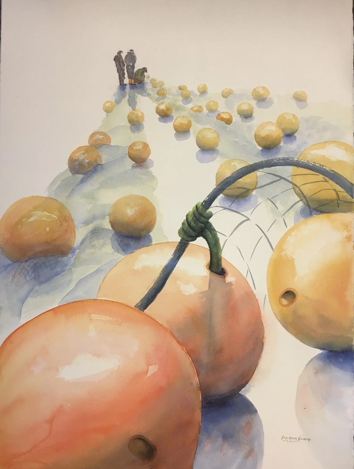 Akvarell Möte bland trålkulorna av Elsa-Maria Nillroth