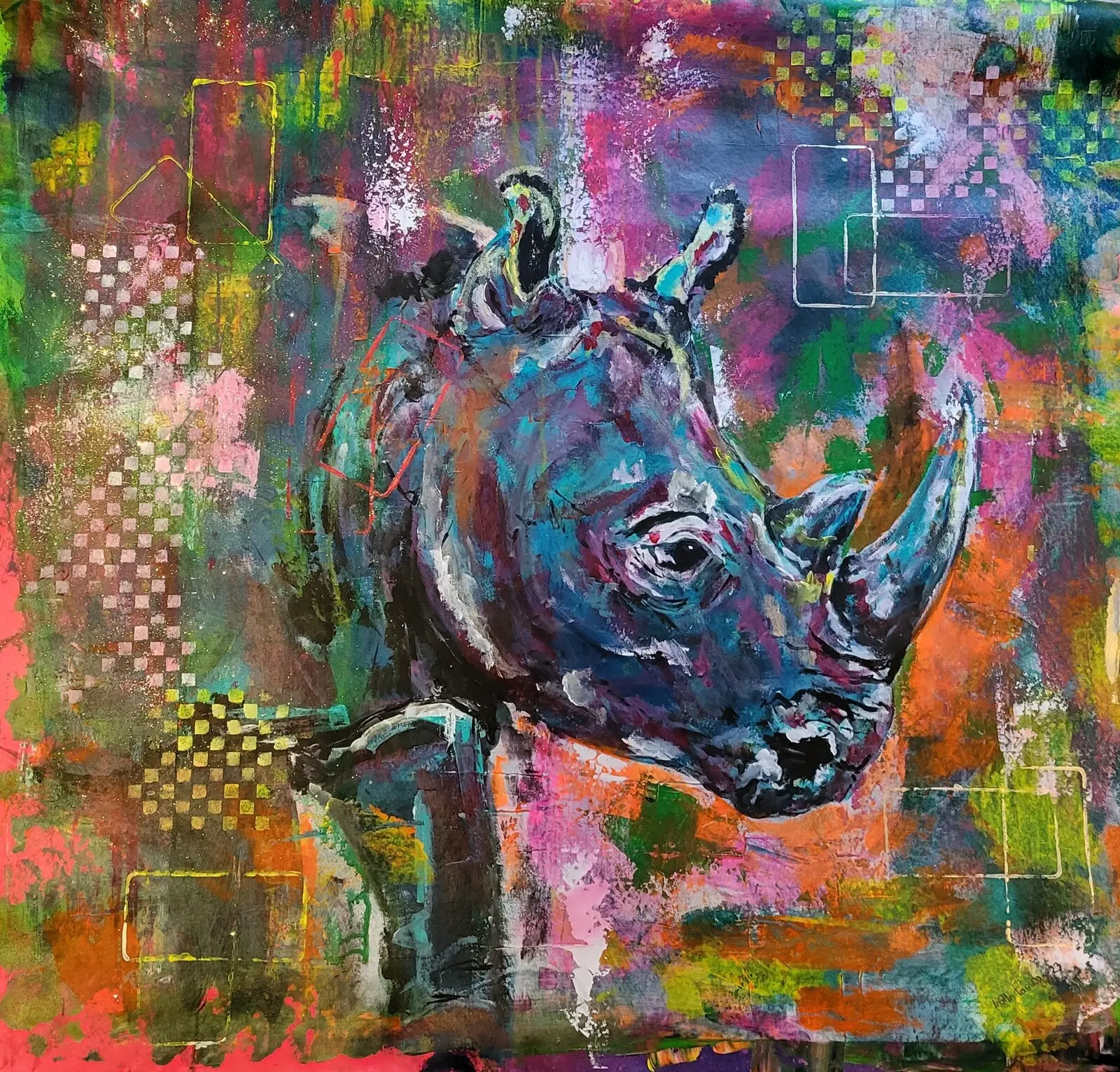 Akrylmålning I'm Rino, the colurful Rhino av Lotta Lassbo