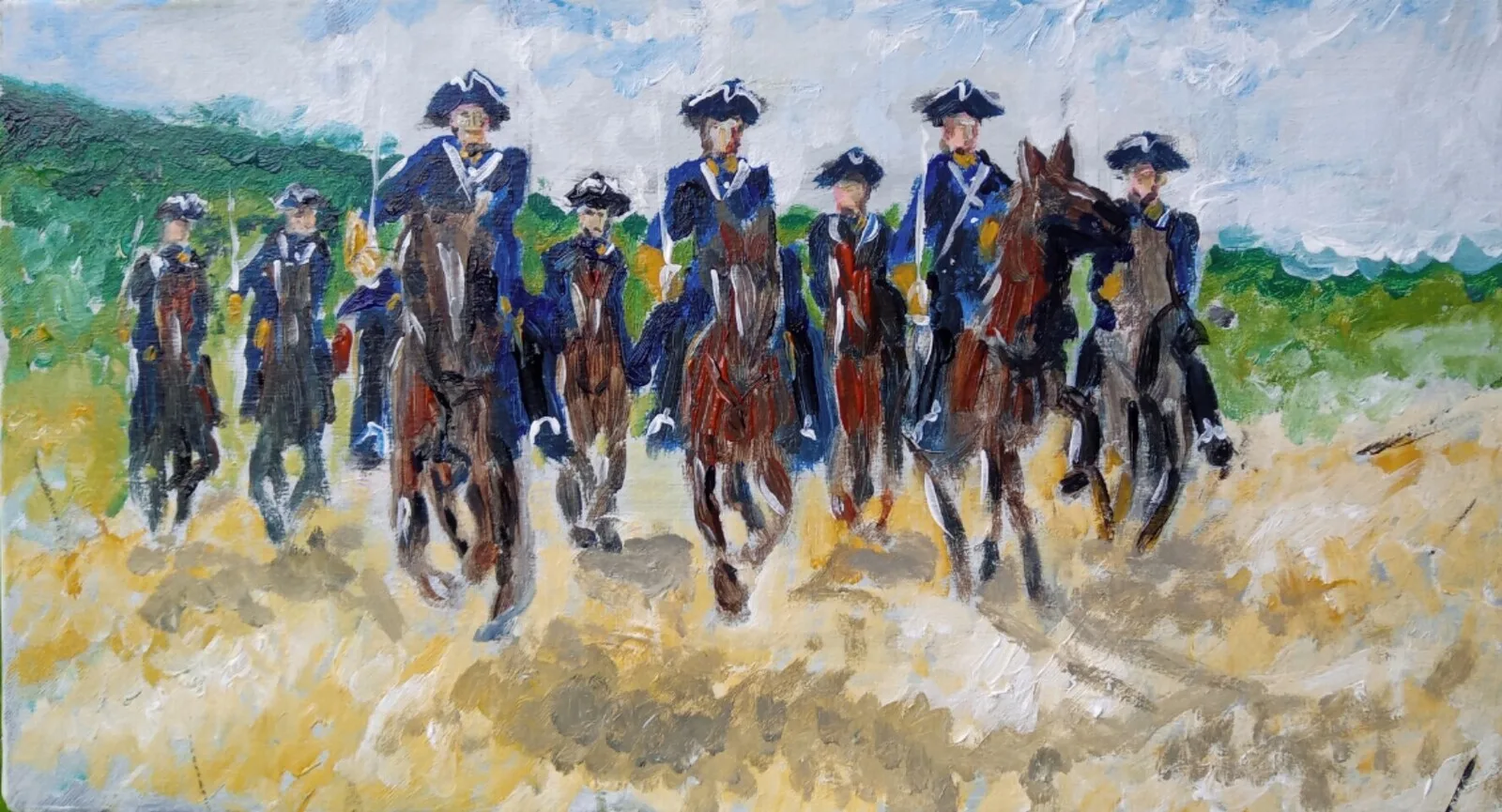 Akrylmålning Rhenskiölds män. "Kavalleri fram i Jesu namn" av Karolinermålaren Malmgren