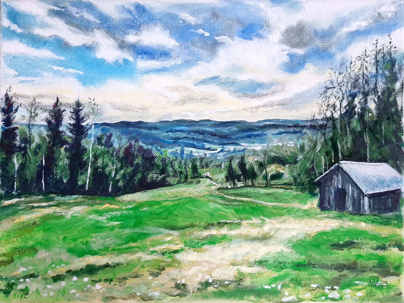 Akrylmålning Cabin up the Hill av Elaine Berger Åsman