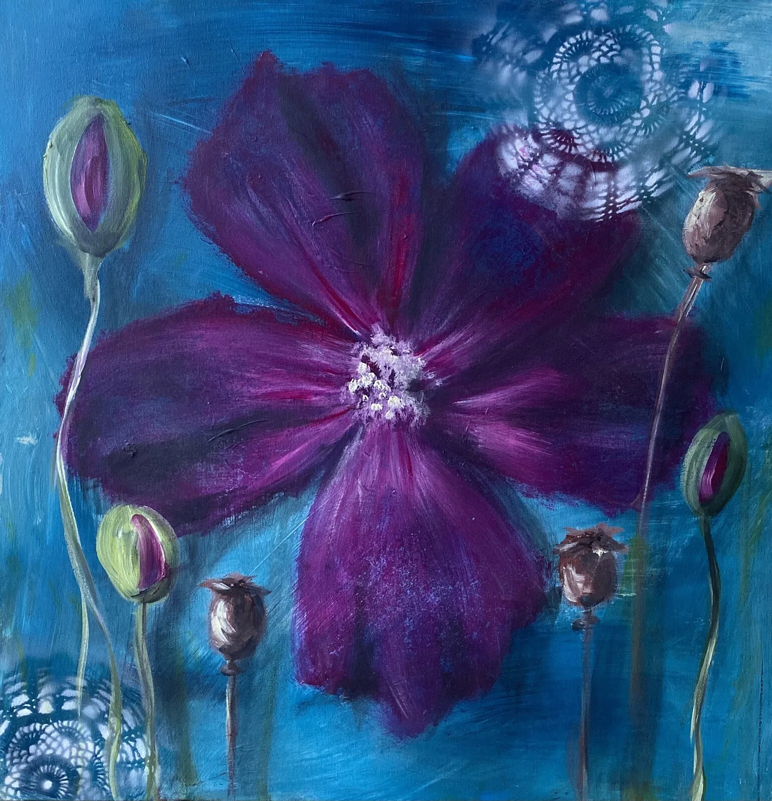 Akrylmålning Cerise vallmo av Karolina Lohiniva