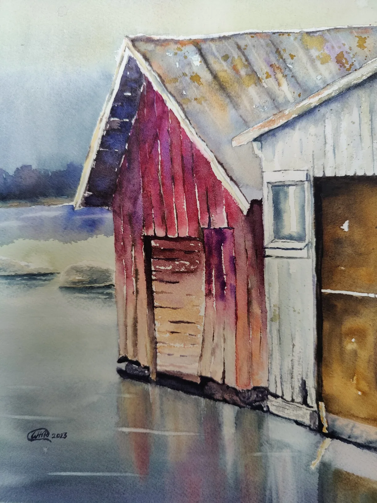 Akvarell An old house next to the lake av Wei Hing Rosenkvist