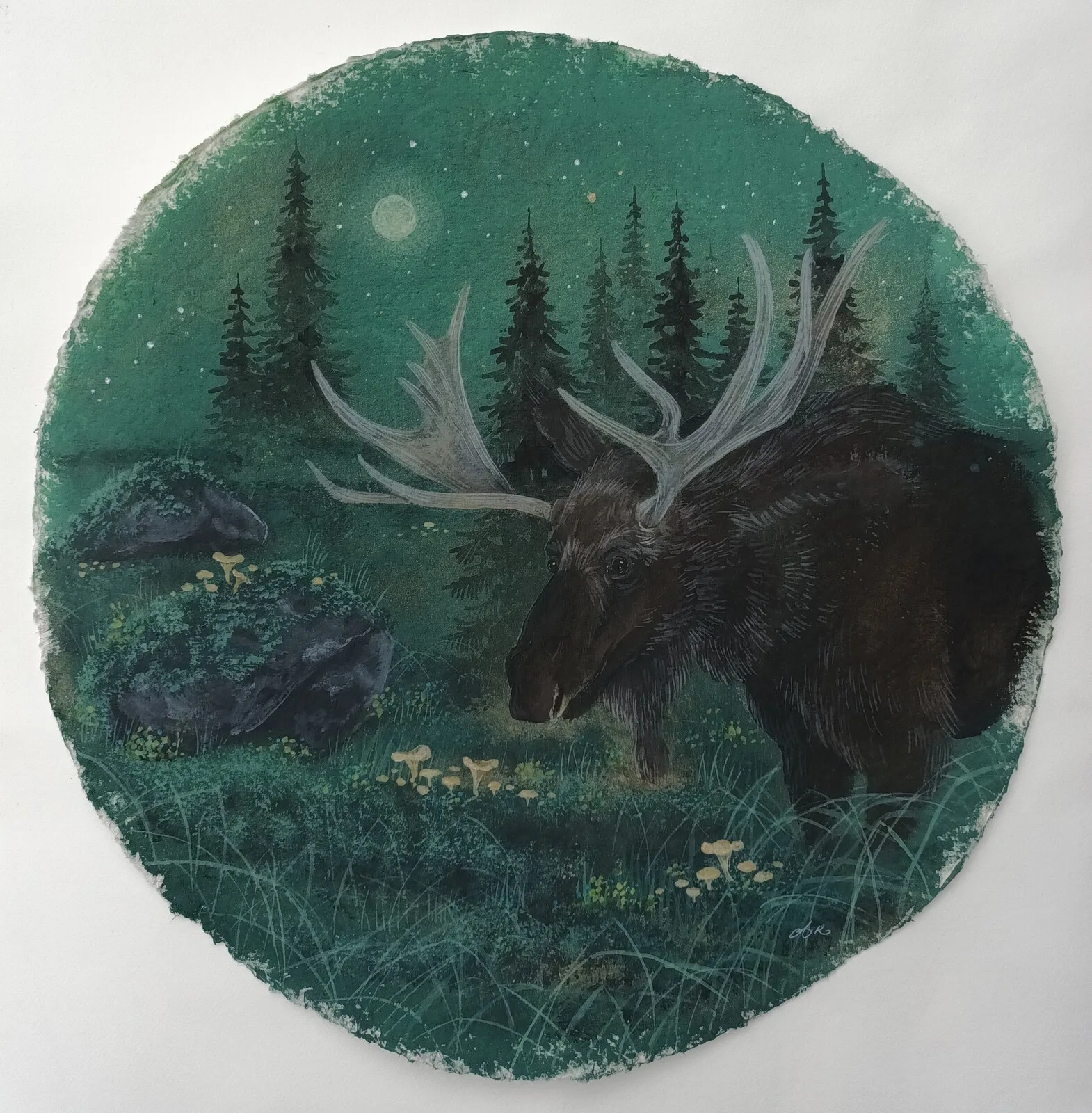 Akrylmålning Älg i kantarellskogen av Anna Komstadius