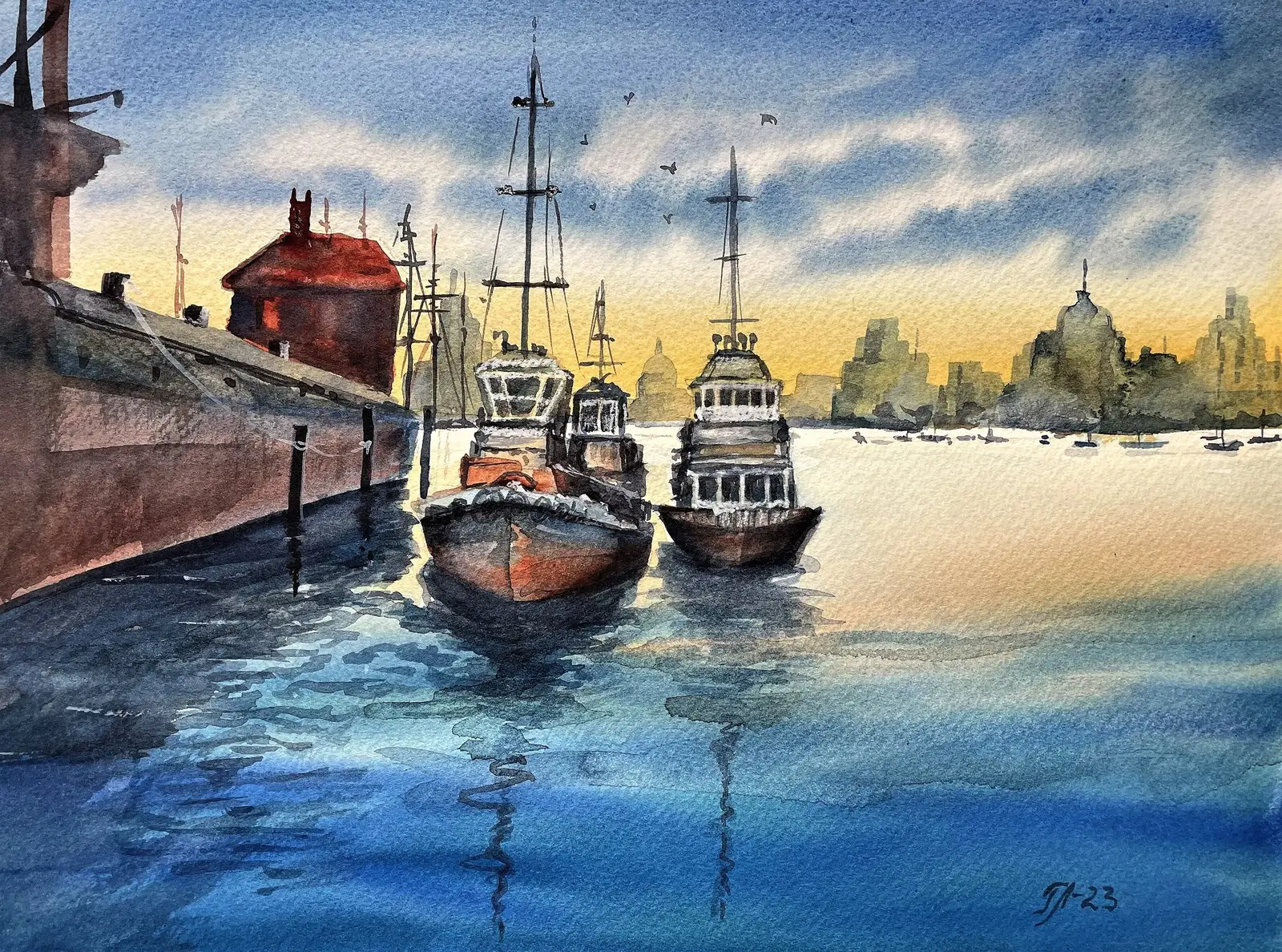 Akvarell Båtar vid kajen av Tanya Lundmark