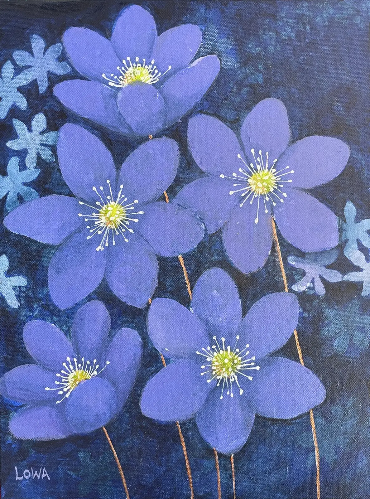 Akrylmålning Blåsippor av Lotta Wallin Persson