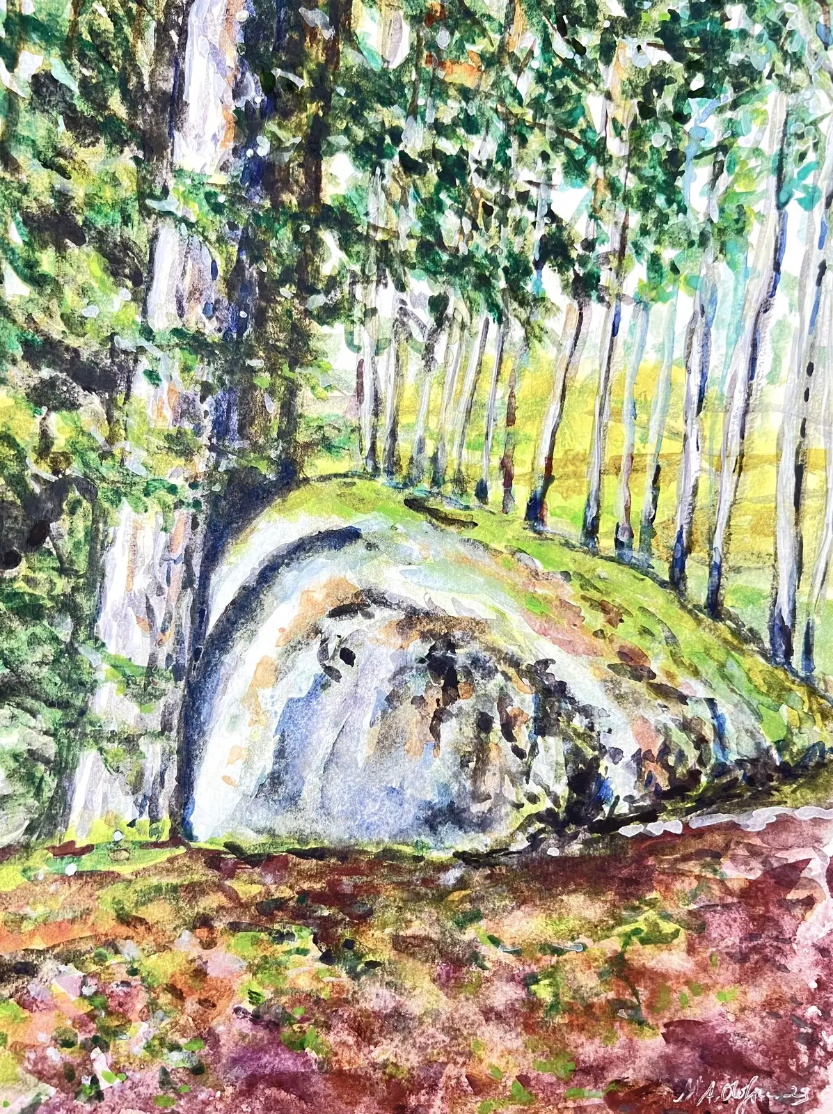 Akvarell Träd och stenblock av Marianne Akasha Olofsson