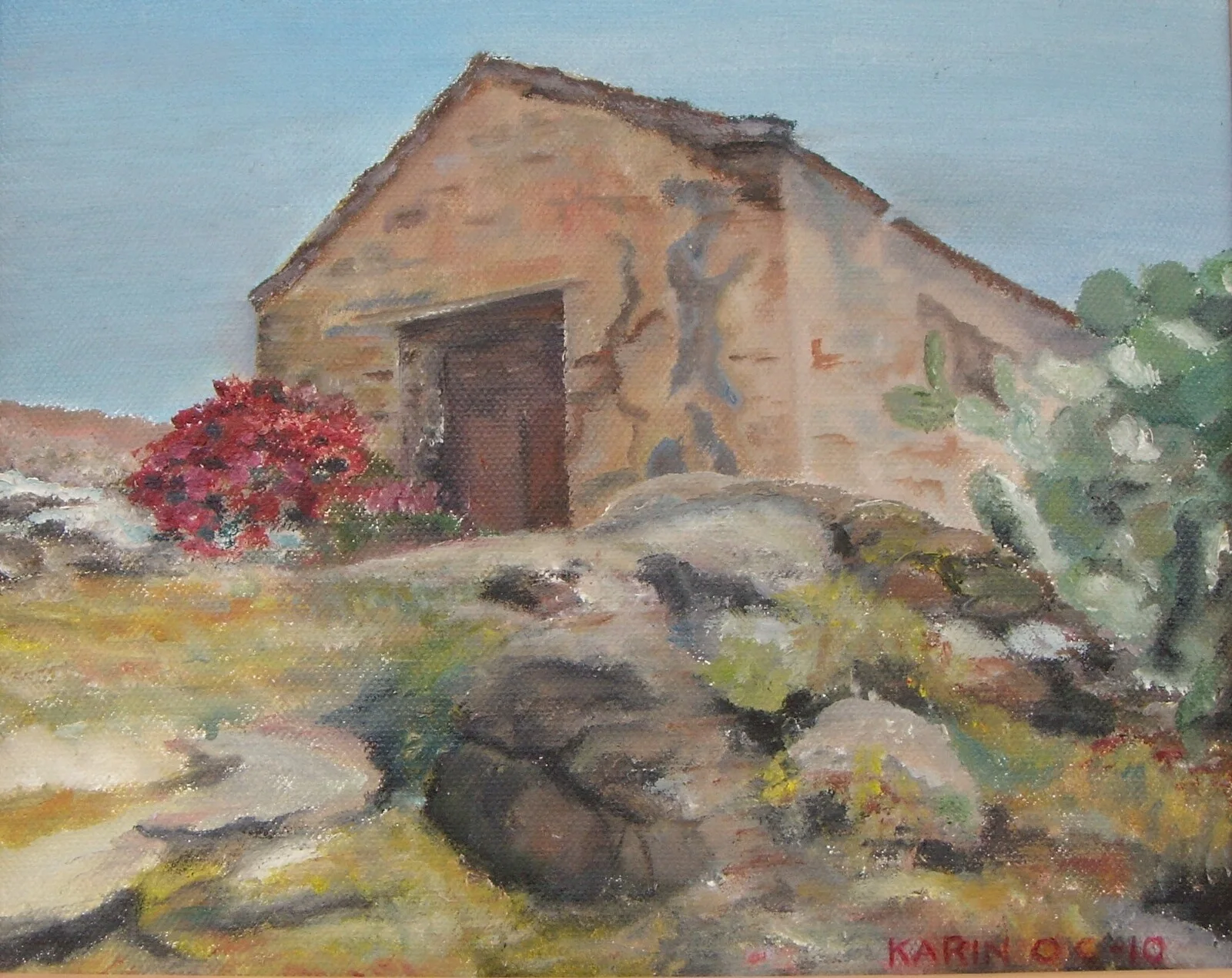 Oljemålning Hus på berg av Karin Olander Carlson
