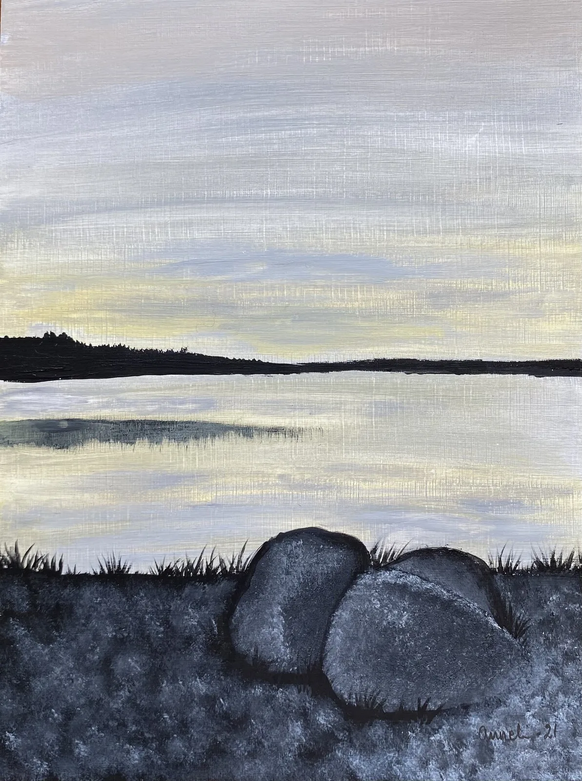 Akrylmålning Solnedgång i Rimforsa samt Snö (pris 2 st) av Anneli Bendius