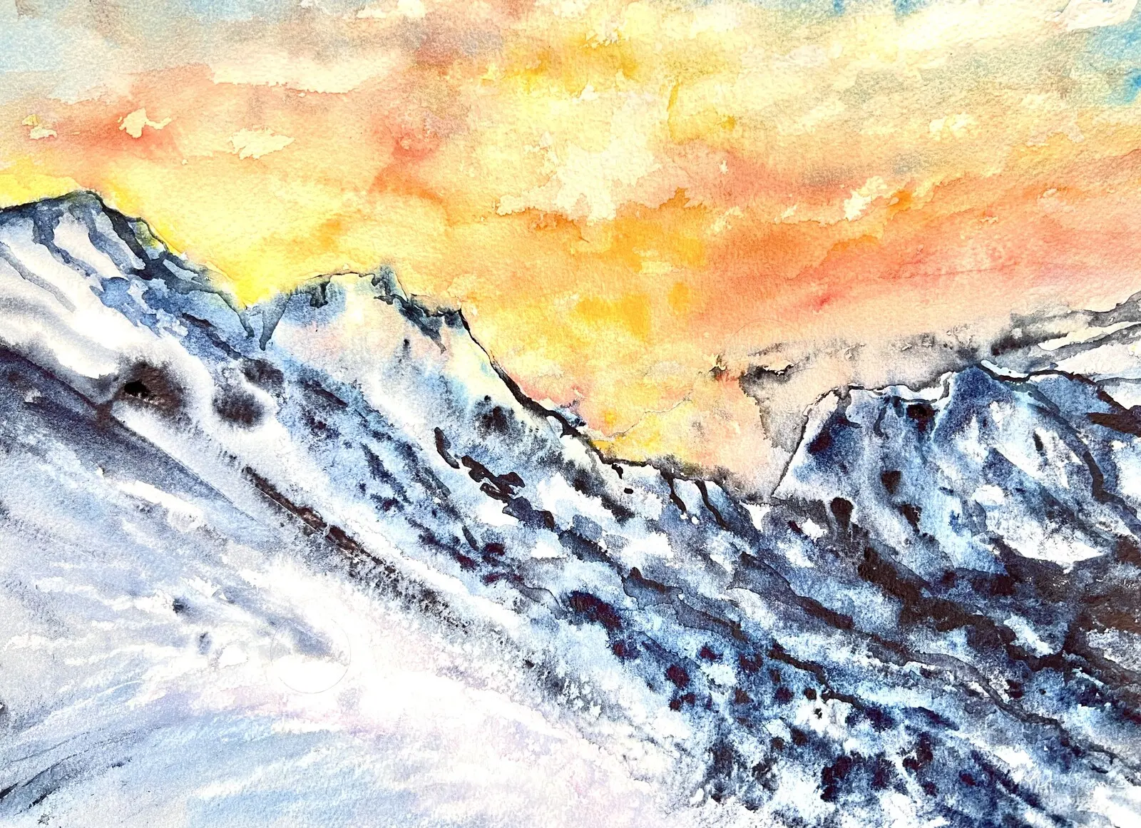 Akvarell Soluppgång i fjällen av Marianne Akasha Olofsson