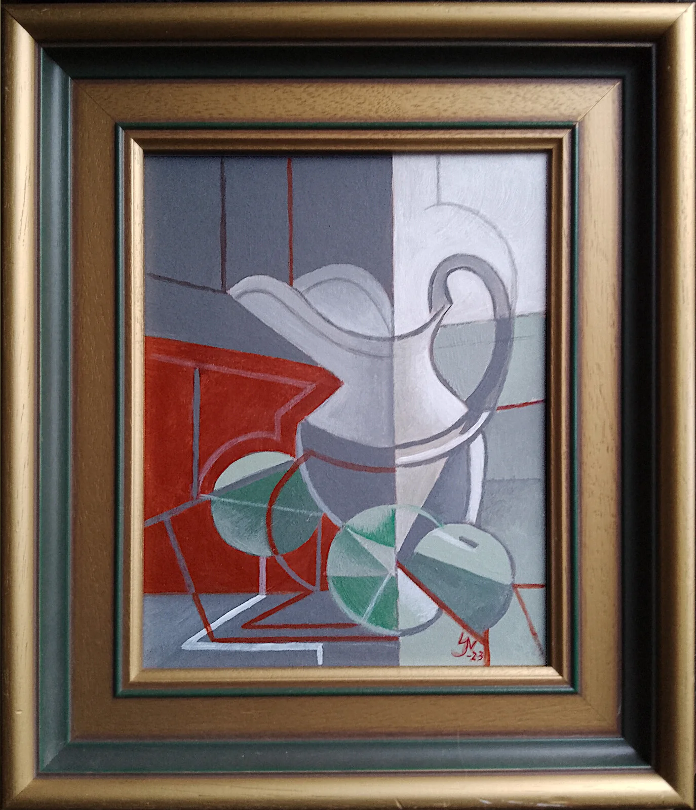 Akrylmålning Kanna och äpplen intill fönster av Stefan Nyman