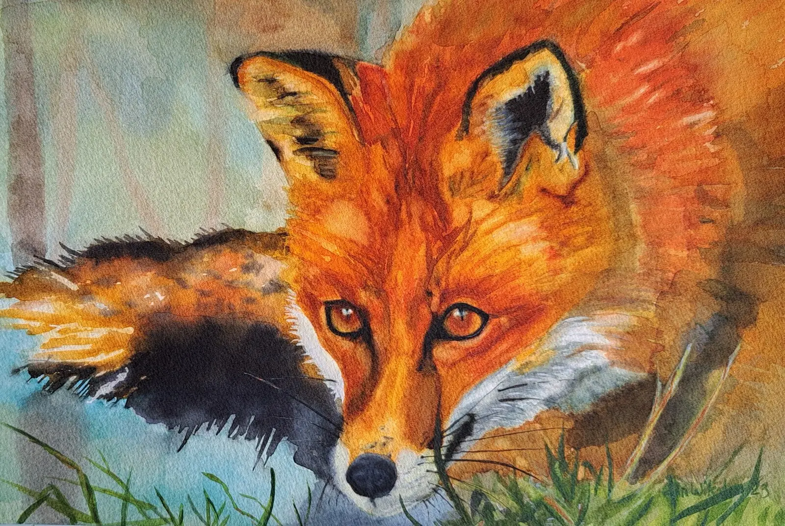 Akvarell Djur Fox hunting in eveningsun av Åsa Wiksten