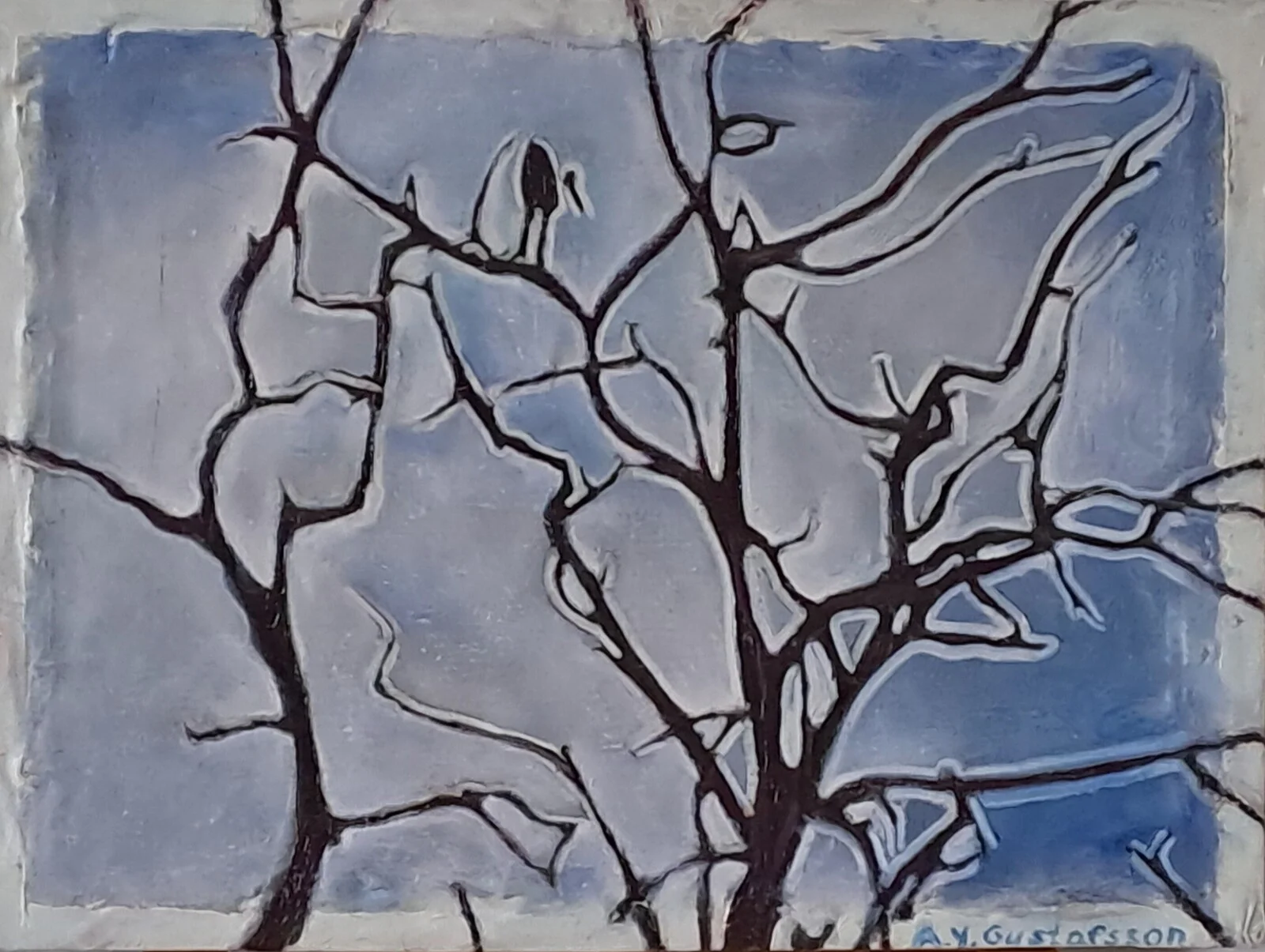 Oljemålning Stork på ett päron av Ala Gustafsson