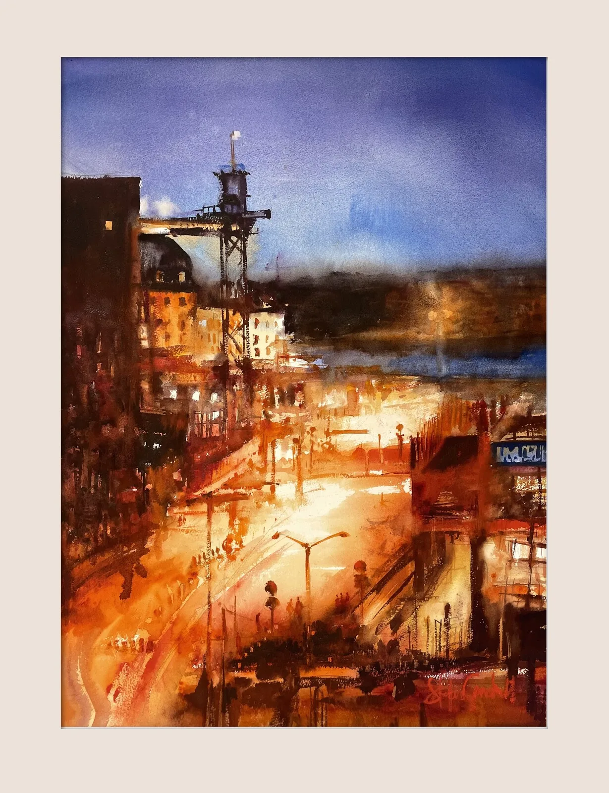 Akvarell Slussen med Katarinahissen av Stefan Gadnell