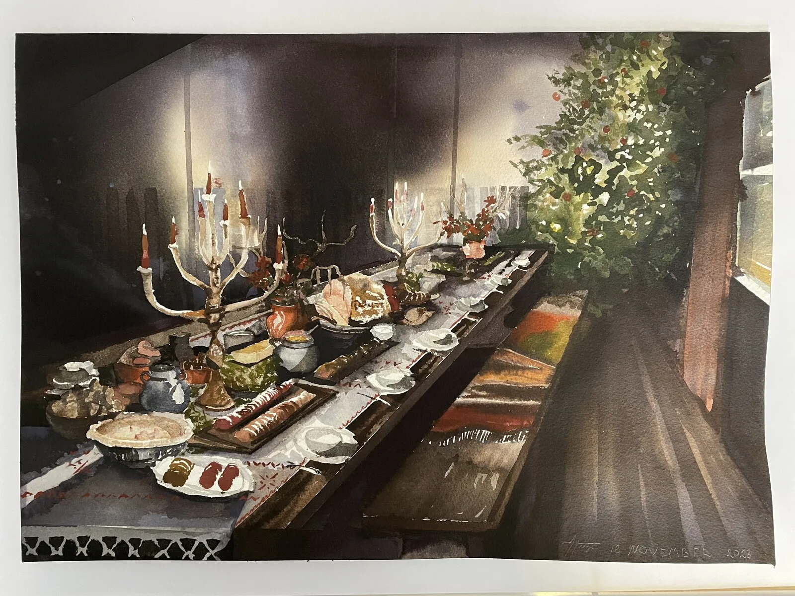 Akvarell Julbord av Härje Karlgren Grindborg