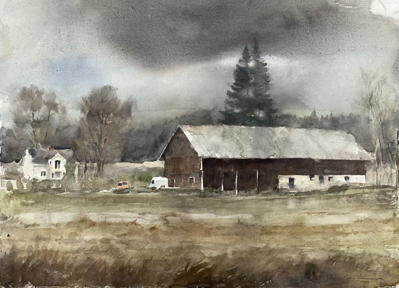 Akvarell Gård i november grått av Jony Eriksson