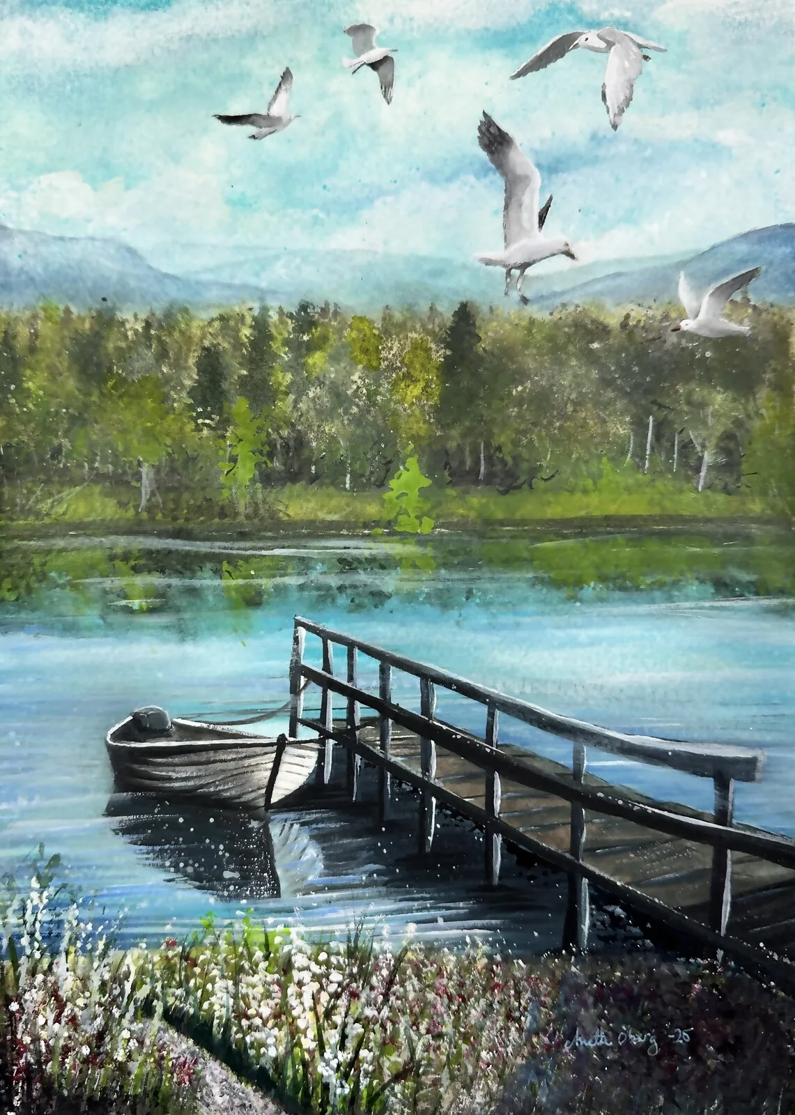 Akvarell Vy från Hälsingland av Anette Öberg