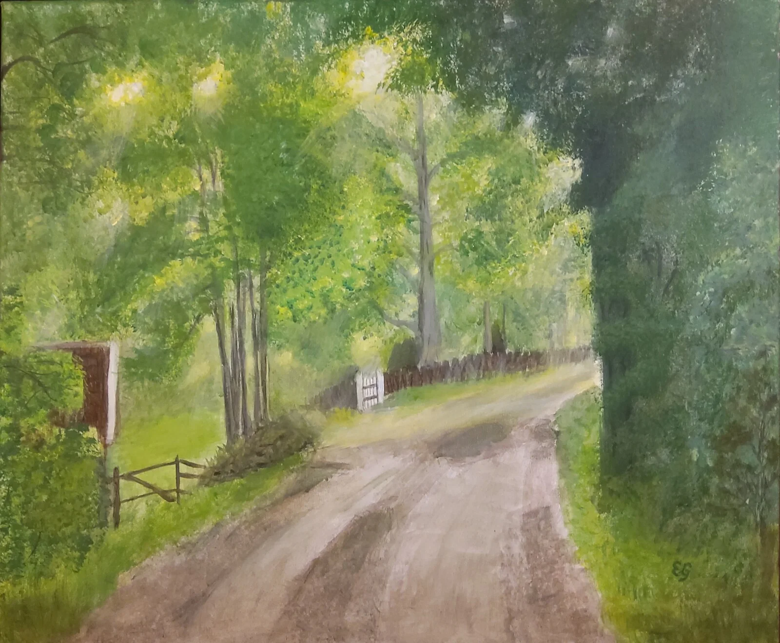 Akrylmålning Grönska längs byvägen av Eva Garami