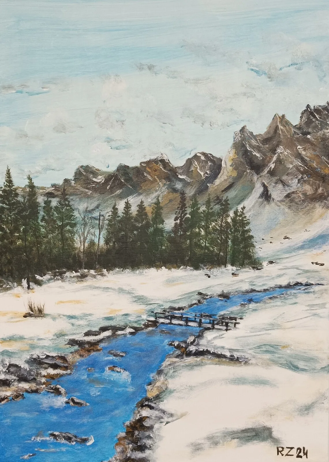 Akrylmålning Du kommer att passera bron för att nå bergen av Robertas Zabitis