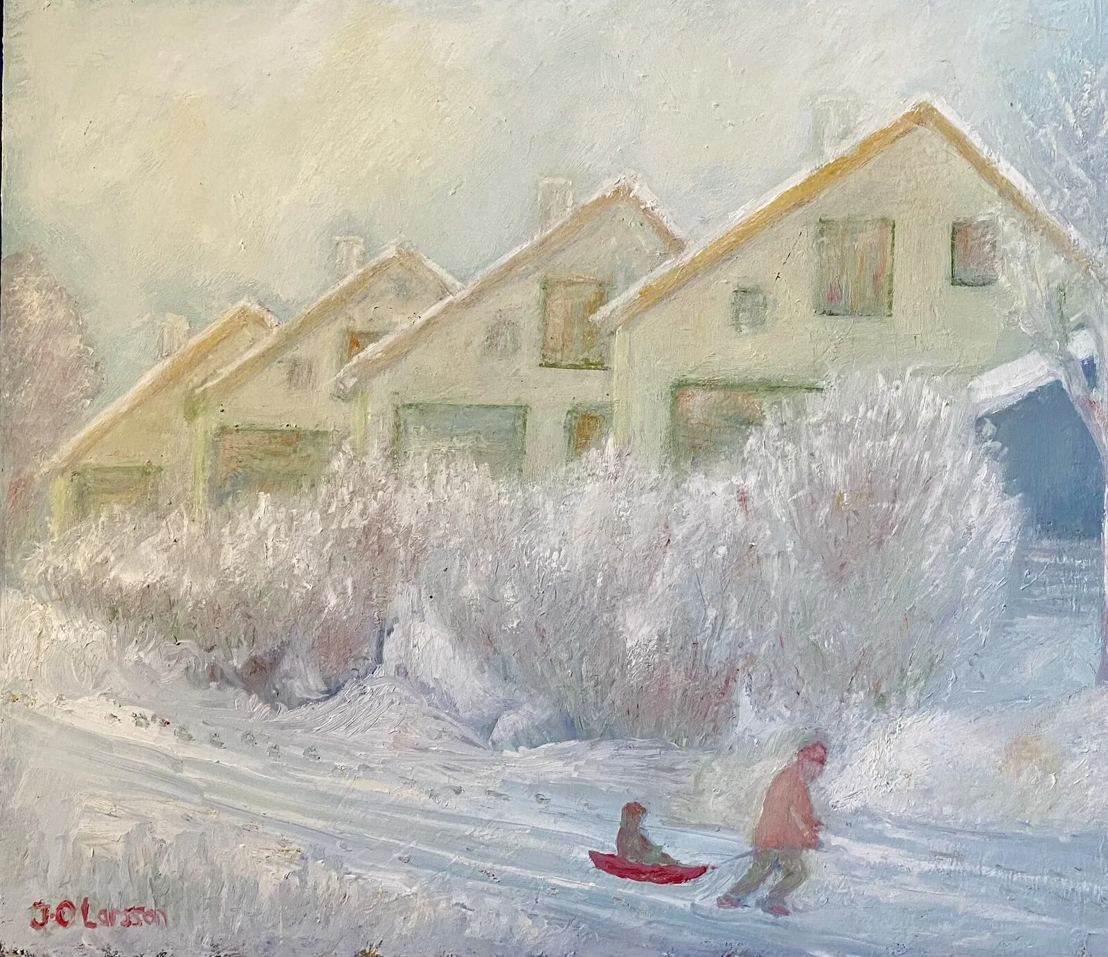 Oljemålning Vinterbild från Skönstaholm, Hökarängen av Jan-Olof Larsson