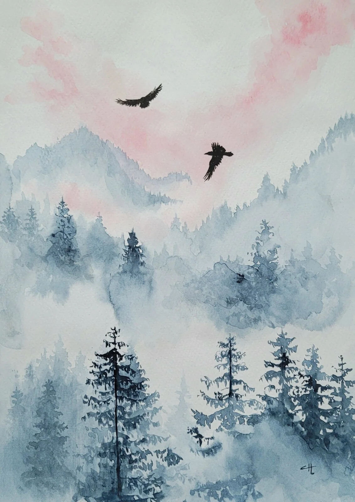 Akvarell Februari i korpskogen av Catharina Holmberg