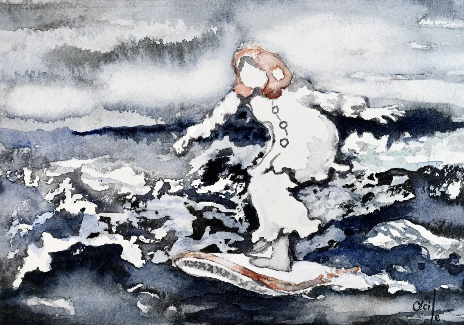 Akvarell Gumman surfar av Cécile Hansson