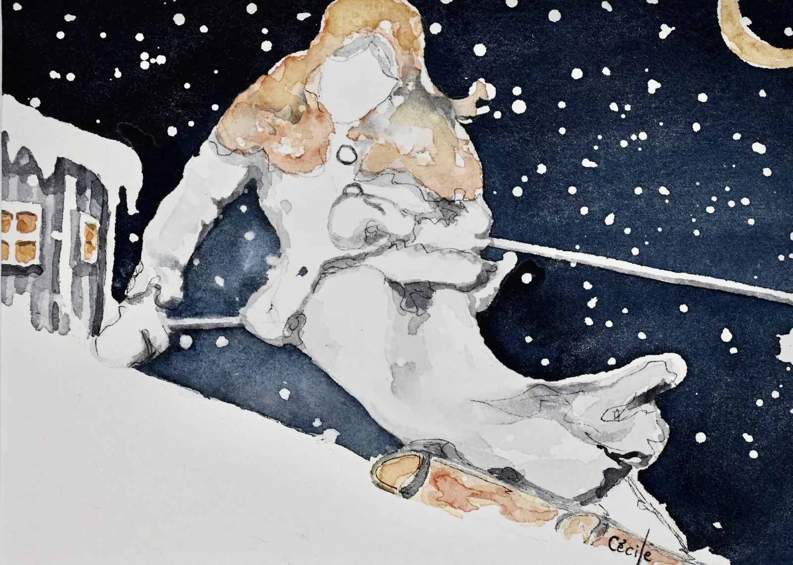 Akvarell Gumman åker slalom av Cécile Hansson